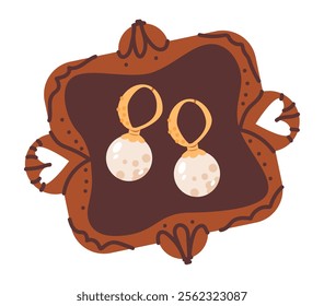 Minimalist vector illustration of bridal earrings featuring pearl and a vintage boho aesthetic. Handcrafted jewelry with gold accents. Flat vector illustration.