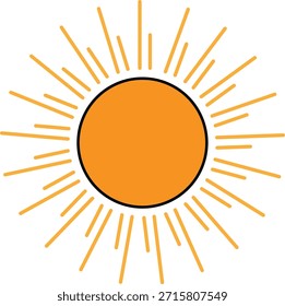 Ilustración vectorial minimalista de un sol brillante con rayos radiantes. Con un círculo central naranja con un contorno negro y rayos de sol de color amarillo dorado, este diseño plano y limpio es perfecto para temas de verano, íconos de Clima, conceptos de energía solar y logotipos creativos. Un símbolo solar versátil que representa calidez y optimismo, ideal para iconos web y medios impresos.