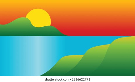 Minimalist vector illustration of a bright sun rising over green hills and blue water with abstract