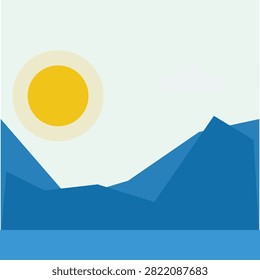 Minimalist vector illustration of a bright sun shining over blue mountains