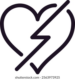 Minimalist vector illustration of a broken heart with a lightning bolt dividing it, representing a sudden and painful separation or conflict