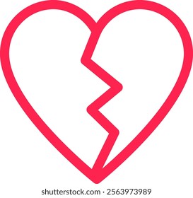 Minimalist vector illustration of a broken heart with a jagged line separating the two halves, symbolizing a painful separation or the end of a relationship