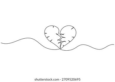 Minimalist vector illustration of a broken heart drawn with a single line.