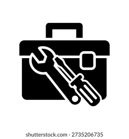 Minimalist vector illustration of broken wrench and screwdriver inside a black suitcase, symbolizing repair failure or maintenance issues on white background.