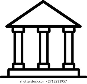 Eine minimalistische Vektorgrafik einer Gebäudefassade in einem schlichten schwarzen Umrissstil. Das Design verfügt über einen dreieckigen Giebel, der auf drei geraden, gleichmäßig beabstandeten Säulen ruht, die auf einem flachen Boden stehen. Dieser architektonische Stil, der an altgriechische oder römische Tempel erinnert, wird häufig verwendet, um Institutionen wie Regierungsgebäude, Banken, Museen und Bildungseinrichtungen zu symbolisieren und Konzepte wie Stabilität, Autorität und Erbe zu vermitteln.