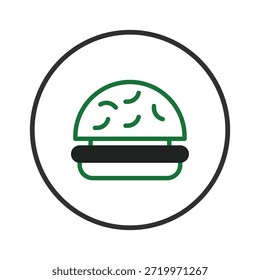 Eine minimalistische Vektorgrafik einer Burger-Ikone, umrissen in Grün und Schwarz. Dieses schlichte und saubere Design eignet sich perfekt für Restaurantmenüs, Food-Blogs oder Grafikdesign-Projekte, die einen Touch benötigen