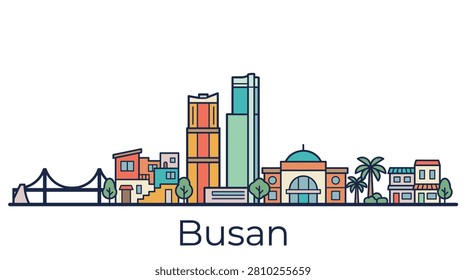 A minimalist vector illustration of the Busan city skyline featuring famous landmarks and coastal elements on a white background.