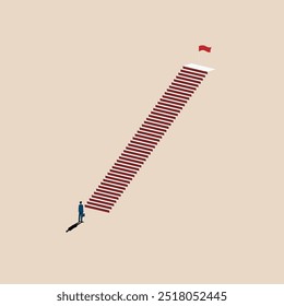 Minimalist vector illustration. Businessman standing at the beginning of the stairway representing growth, business concept, ambition, leadership, development. challenges on the path to success