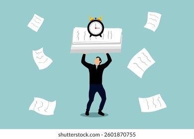 Minimalist vector illustration of a businessman in a suit and tie holding a large stack of documents with an alarm clock over his head symbolizing time pressure and workload