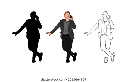Minimalist vector illustration of a businessman talking on the phone in three styles: silhouette, colored, and outline. Perfect for business, communication, and corporate design