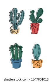 Ilustración vectorial minimalista con colección cactus. Representación de plantas macetas. Dibujo de plantas de hogar en ollas coloridas. Suculento.