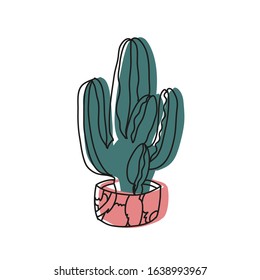 Minimalist vector illustration of cactus in pink pot with abstract ornament on it. Colorful image with lined sketch. Houseplant drawing.