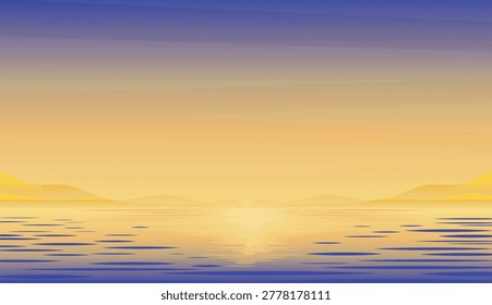 Minimalist Vector Illustration of a Calm Sunset or Sunrise over the Ocean with Distant Mountains and Golden Water Reflections
