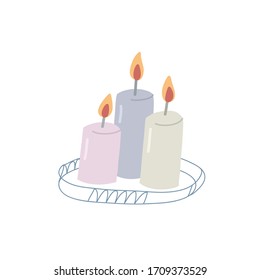 Minimalist vector illustration with candles. Three burning candles on a stand in pastel colors. Decorative element.