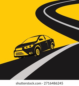 Una Ilustración vectorial minimalista de un coche que conduce a lo largo de una carretera sinuosa sobre un fondo amarillo brillante