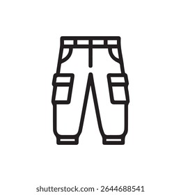 Una Ilustración vectorial minimalista de pantalones cargo con bolsillos para moda, aventuras al aire libre y temas relacionados como camping, senderismo o ropa militar.