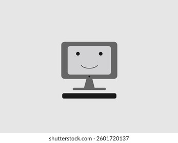 A minimalist vector illustration of a cartoon computer featuring a monitor with a simple smiling face on the screen