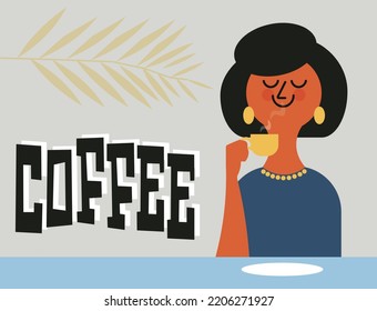 Minimalist vector illustration of a cartoon flat female character happily enjoying aroma of a fresh cup of coffee