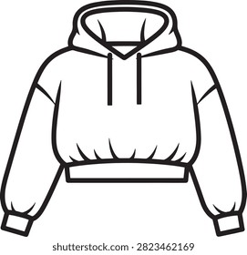 Minimalist vector illustration of a casual cropped hoodie featuring a drawstring hood and relaxed sleeves.