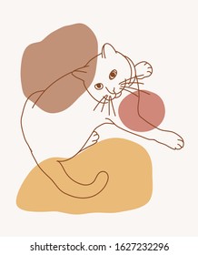 Minimalist vector illustration with cat. Depiction of a pet on abstract background in natural colors. Line art.