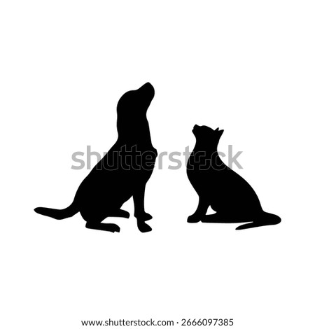 Minimalist vector illustration of a cat and a dog silhouette looking up together