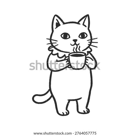 Minimalist vector illustration of a cat drinking hot coffee. Feline character with a mug doodle isolated on white background.