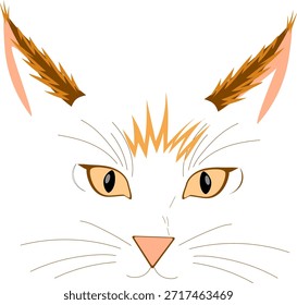 Ilustração vetorial minimalista de um rosto de gato em tons suaves, apresentando expressivos olhos em forma de amêndoa, orelhas pontudas com detalhes de pele e bigodes elegantes para projetos de animais de estimação.