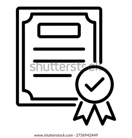 Minimalist vector illustration of a certificate and a checkmark seal, representing official approval, quality guarantee, and successful completion of a task.