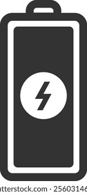 Minimalist vector illustration of a charged battery icon featuring a prominent lightning symbol, indicating a full power level, suitable for various energy and power related concepts