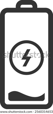 Minimalist vector illustration of a charging battery with low power status, featuring a lightning bolt symbol within the battery icon, representing the concept of energy replenishment