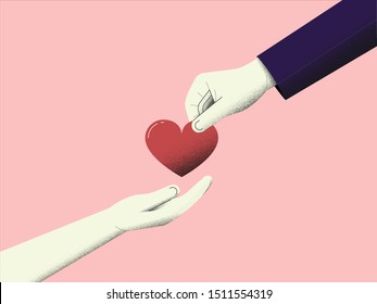 Minimalist vector illustration of charity, people hand giving and hand received love and donation.