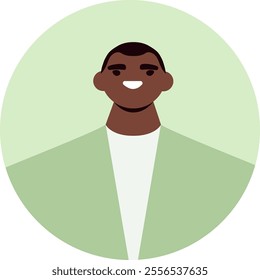 Minimalist vector illustration of a cheerful young man, possibly a professional or office worker, wearing a light green jacket, ideal for profile pictures, avatars, or social media icons