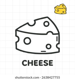 A minimalist vector illustration of a cheese icon in black outline style with a small colored version in the top corner. Ideal for food-related designs, restaurant menus, dairy product labels, or educ