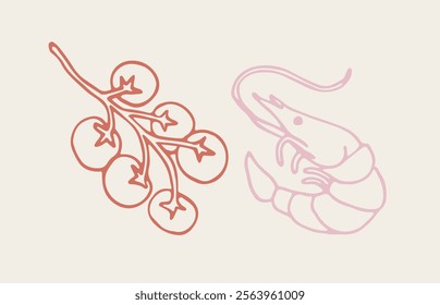 Minimalist vector illustration of cherry tomatoes on a vine and a shrimp in line art style. Ideal for seafood and vegetable-themed culinary projects
