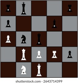 Minimalist vector illustration of a chessboard with black and white pieces in play, perfect for strategy, logic, gaming, or educational design themes.