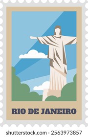 Minimalist vector illustration of the Christ the Redeemer statue in Rio de Janeiro, Brazil, featured on a vintage postcard with a beige border and serrated edges