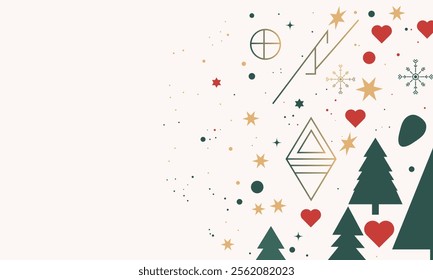 Minimalist vector illustration of Christmas symbols, including geometric shapes like triangles and circles, arranged in an elegant pattern on the left side of a white background