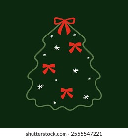 Minimalist vector illustration of christmas tree with red bows and snowflakes. Holiday winter greeting card