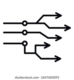 Ilustración vectorial minimalista de flechas de estilo de circuito que simbolizan el flujo de datos y la dirección de la señal en los sistemas digitales. Icono de flujo de datos. Vector de flecha digital. Trayectoria de la señal de la IA. Tecnología de flechas de circuito.