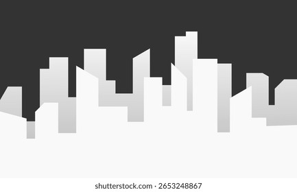 Minimalist vector illustration of a city skyline silhouette in monochrome.The image uses a grayscale gradient to depict modern buildings against a black sky, creating a clean and elegant urban design.