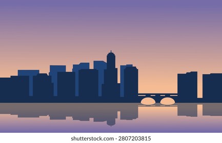 minimalist vector illustration of a city skyline silhouette standing against a soft gradient sky that transitions from pale orange to purple. The skyline features a distinct arched bridge on the right side, and the entire cityscape is beautifully reflected on the calm water surface below.