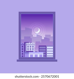 Minimalist vector illustration of a cityscape at night with a crescent moon rising, viewed through a window, creating a peaceful and dreamy atmosphere