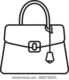 Minimalist vector illustration of a classic handbag featuring a flap and decorative tassel detail.