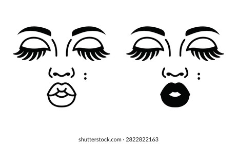 Minimalist vector illustration of closed eyes with long lashes and kissing lips for beauty and makeup branding.