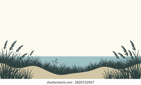Minimalist vector illustration of coastal sand dunes covered with wild beach grass facing a serene sea horizon under a pale sky.