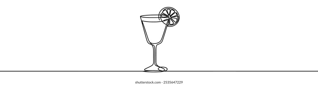 Minimalist vector illustration of a cocktail glass with a slice of lemon, created using a continuous line