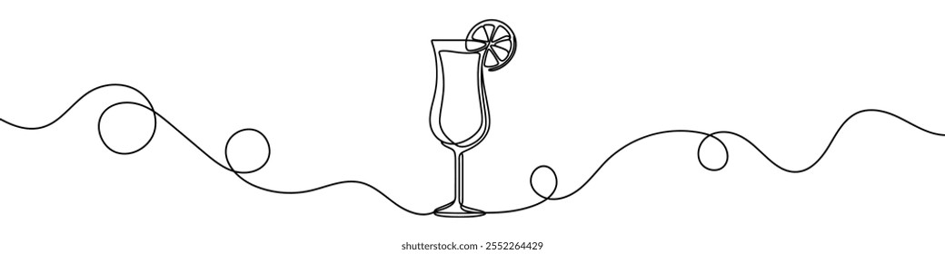 Minimalist vector illustration of a cocktail glass with a slice of lemon, created using a continuous line