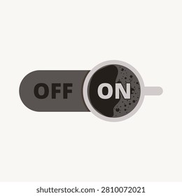 Minimalist vector illustration of a coffee cup used as an ON switch button with an OFF label, symbolizing the energizing power of coffee