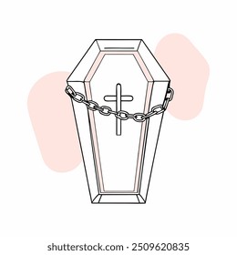 A minimalist vector illustration of a coffin featuring a cross and chain. The clean lines and subtle color accents create a striking design suitable for themed projects and creative artwork...