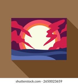 Ilustração vetorial minimalista de um pôr do sol colorido sobre o oceano com nuvens cor de rosa e ondas estilizadas, criando uma cena tranquila e artística 